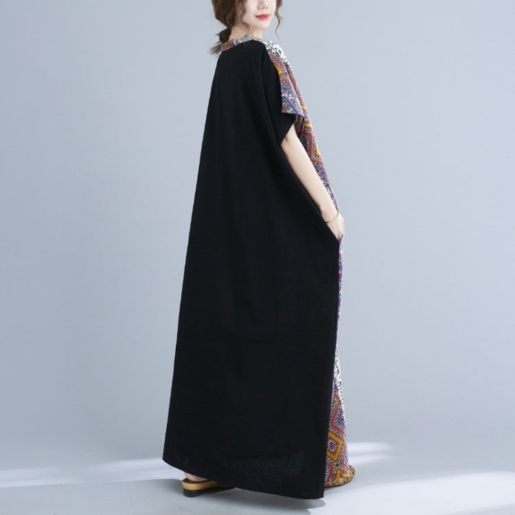 Ladies Summer Cotton Linen Loose V-neck Color Matching Long Robe Dress (As Show)