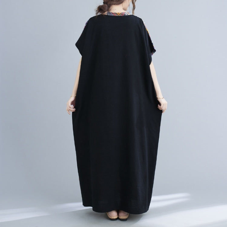 Ladies Summer Cotton Linen Loose V-neck Color Matching Long Robe Dress (As Show)