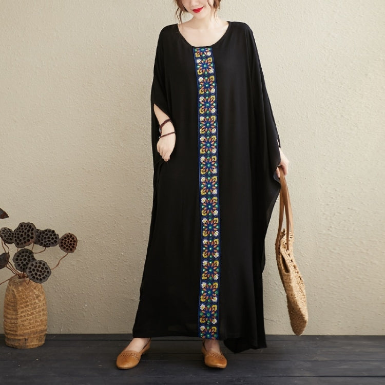 Ladies Embroidered Stitching Round Neck Loose Long Robe Dress (Black)