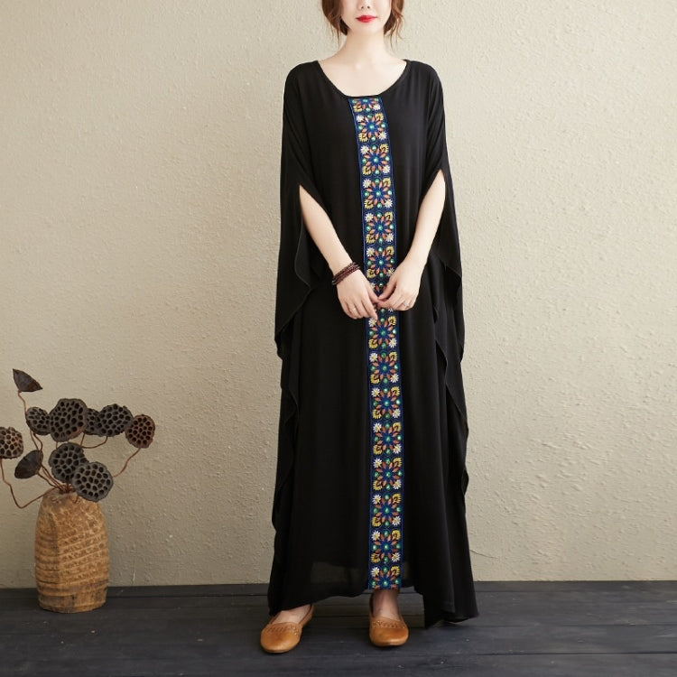 Ladies Embroidered Stitching Round Neck Loose Long Robe Dress (Black)
