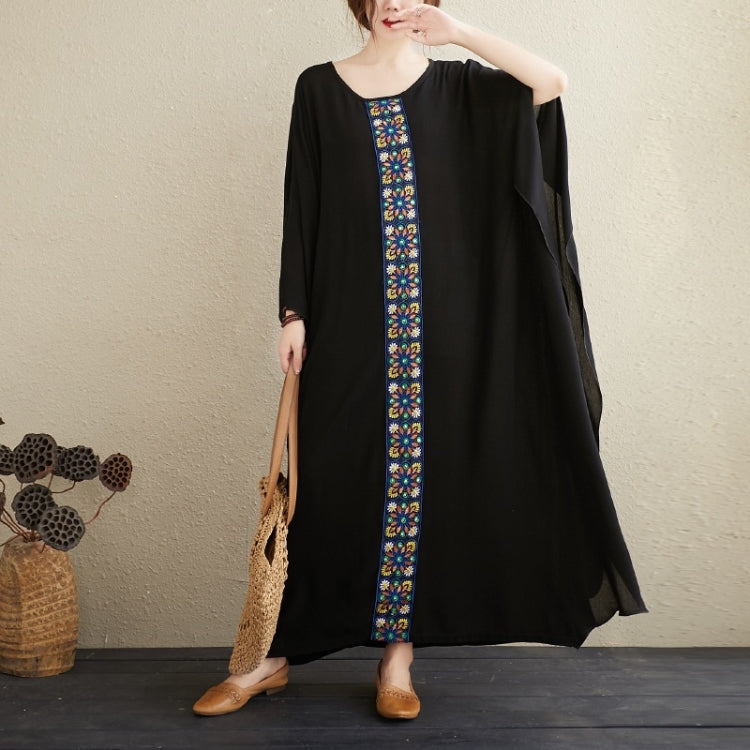 Ladies Embroidered Stitching Round Neck Loose Long Robe Dress (Black)