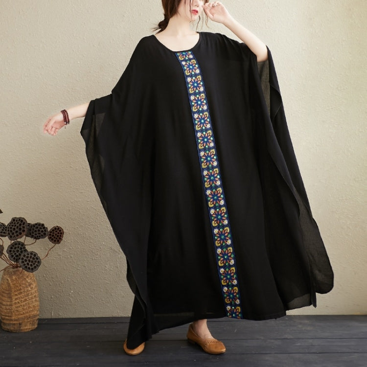 Ladies Embroidered Stitching Round Neck Loose Long Robe Dress (Black)