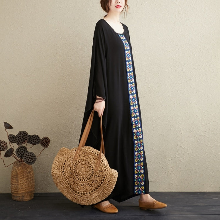 Ladies Embroidered Stitching Round Neck Loose Long Robe Dress (Black)