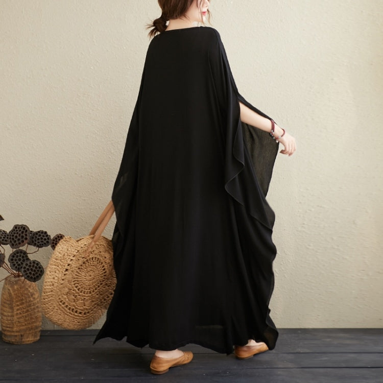 Ladies Embroidered Stitching Round Neck Loose Long Robe Dress (Black)