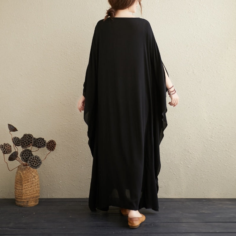 Ladies Embroidered Stitching Round Neck Loose Long Robe Dress (Black)