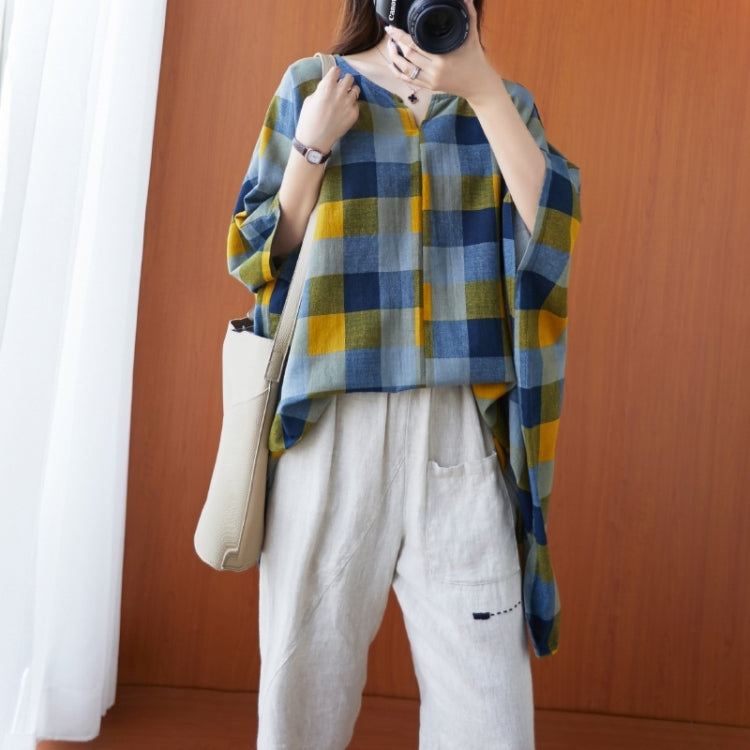 Ladies Cotton Linen Lattice Pullover Shirt (As Show)