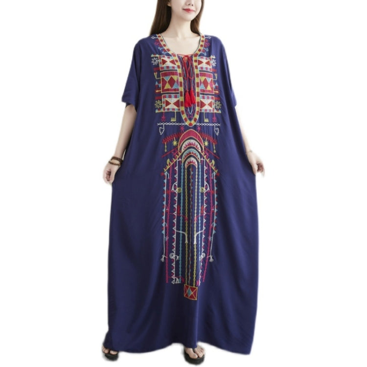 Ladies Embroidered Tassel Round Neck Long Robe Dress (As Show)