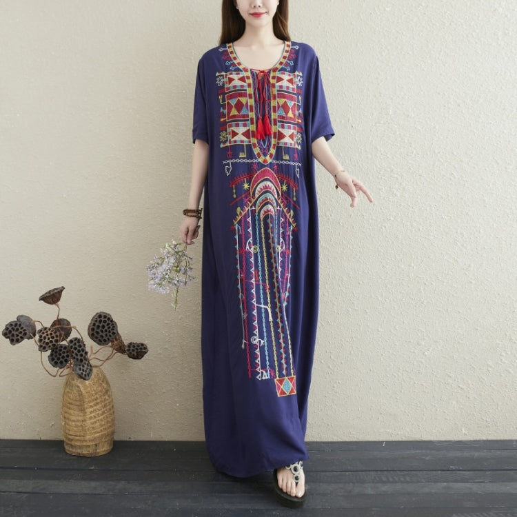 Ladies Embroidered Tassel Round Neck Long Robe Dress (As Show)