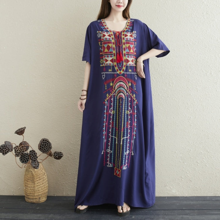 Ladies Embroidered Tassel Round Neck Long Robe Dress (As Show)