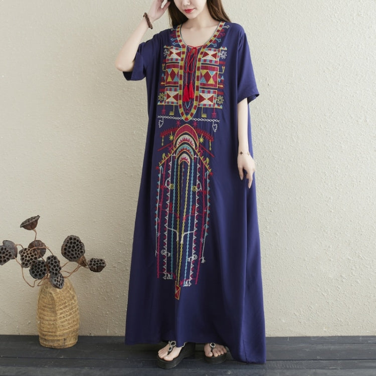 Ladies Embroidered Tassel Round Neck Long Robe Dress (As Show)