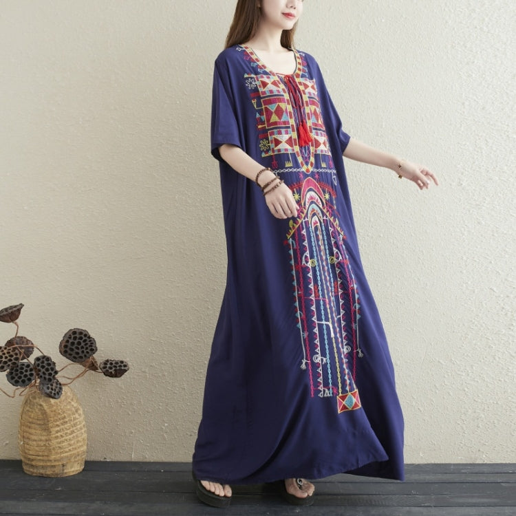 Ladies Embroidered Tassel Round Neck Long Robe Dress (As Show)