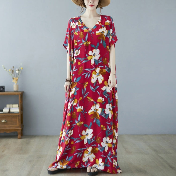 Ladies Ethnic Style Flower Print V-neck Dress (As Show)