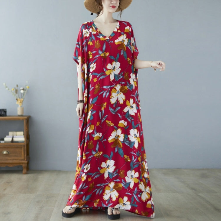 Ladies Ethnic Style Flower Print V-neck Dress (As Show)