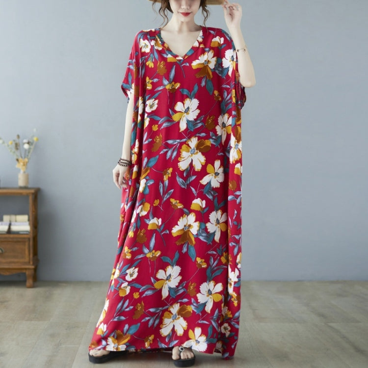 Ladies Ethnic Style Flower Print V-neck Dress (As Show)