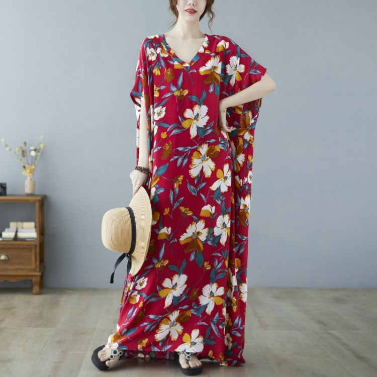 Ladies Ethnic Style Flower Print V-neck Dress (As Show)