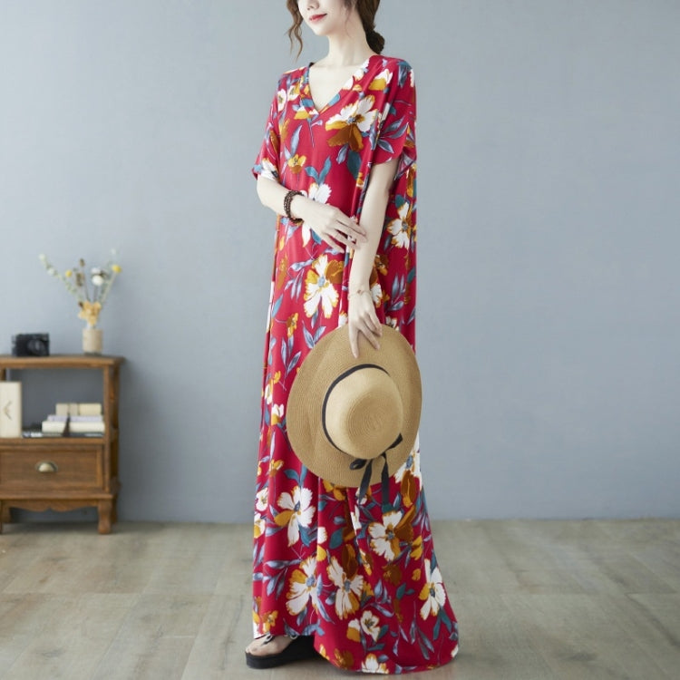 Ladies Ethnic Style Flower Print V-neck Dress (As Show)