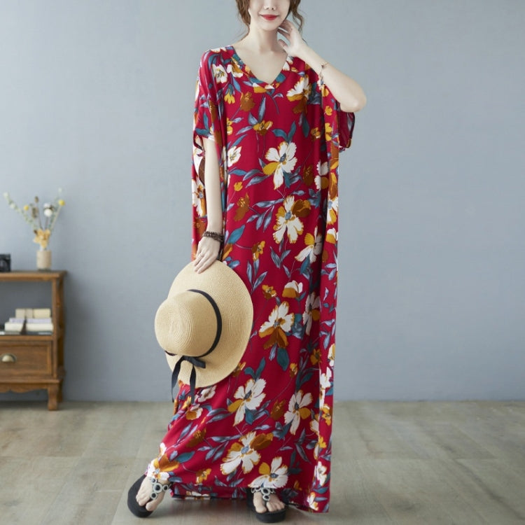 Ladies Ethnic Style Flower Print V-neck Dress (As Show)