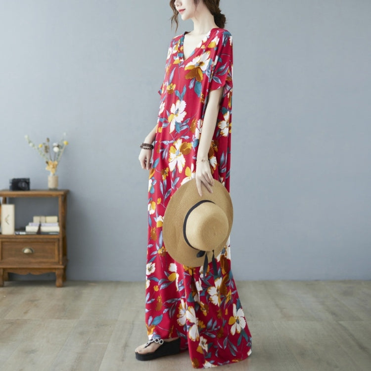 Ladies Ethnic Style Flower Print V-neck Dress (As Show)
