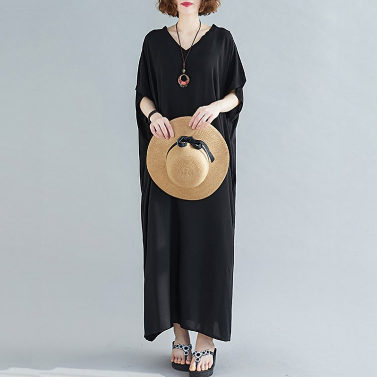 Ladies Bohemian Style Solid Color V-neck Long Robe Dress