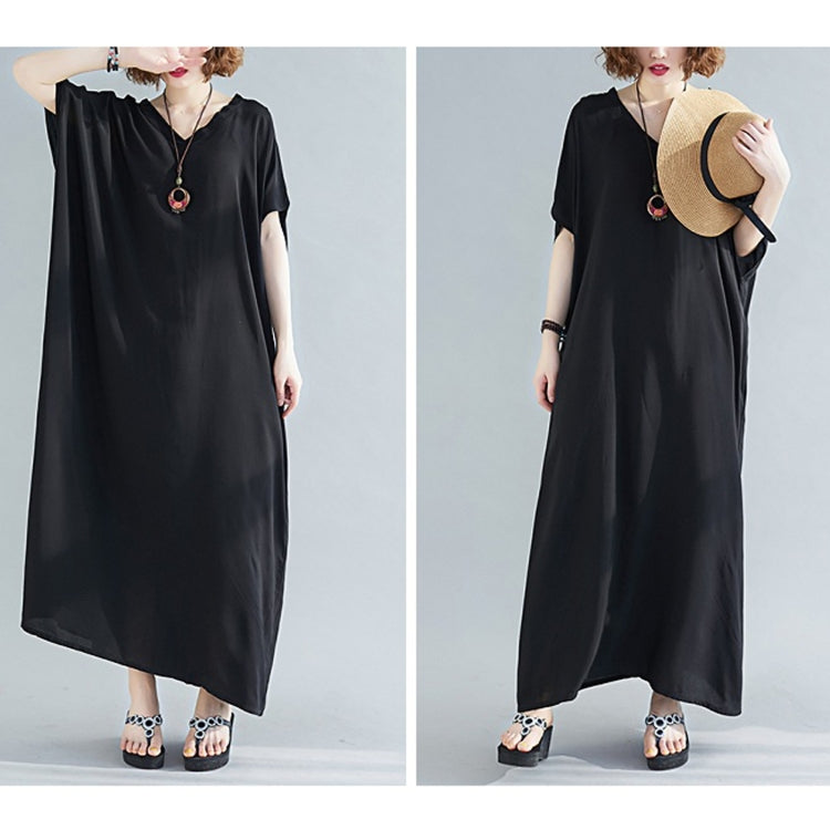 Ladies Bohemian Style Solid Color V-neck Long Robe Dress