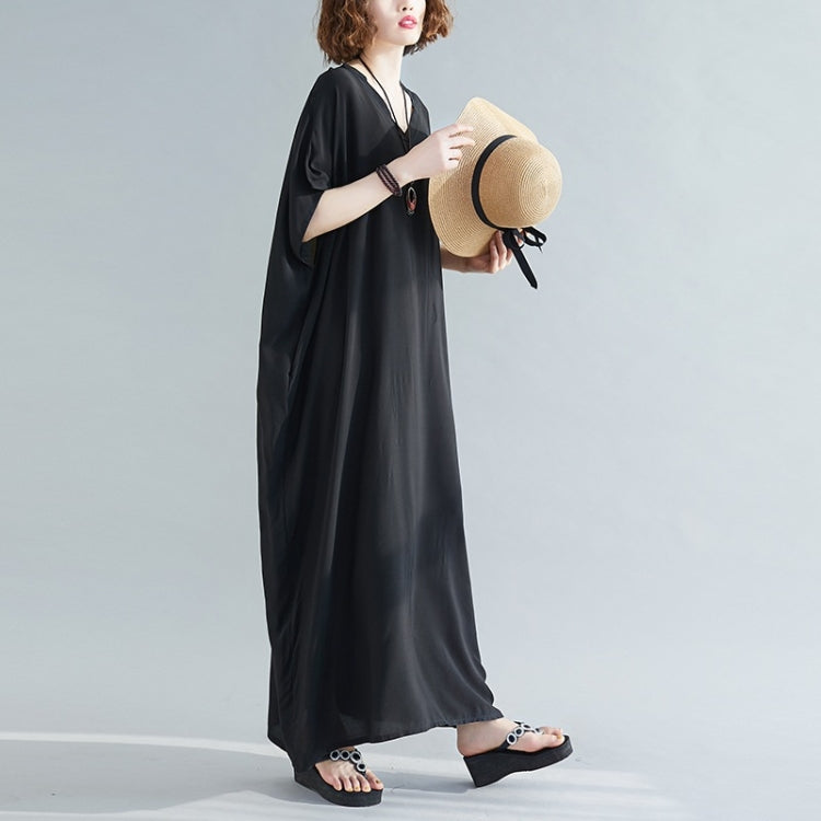 Ladies Bohemian Style Solid Color V-neck Long Robe Dress