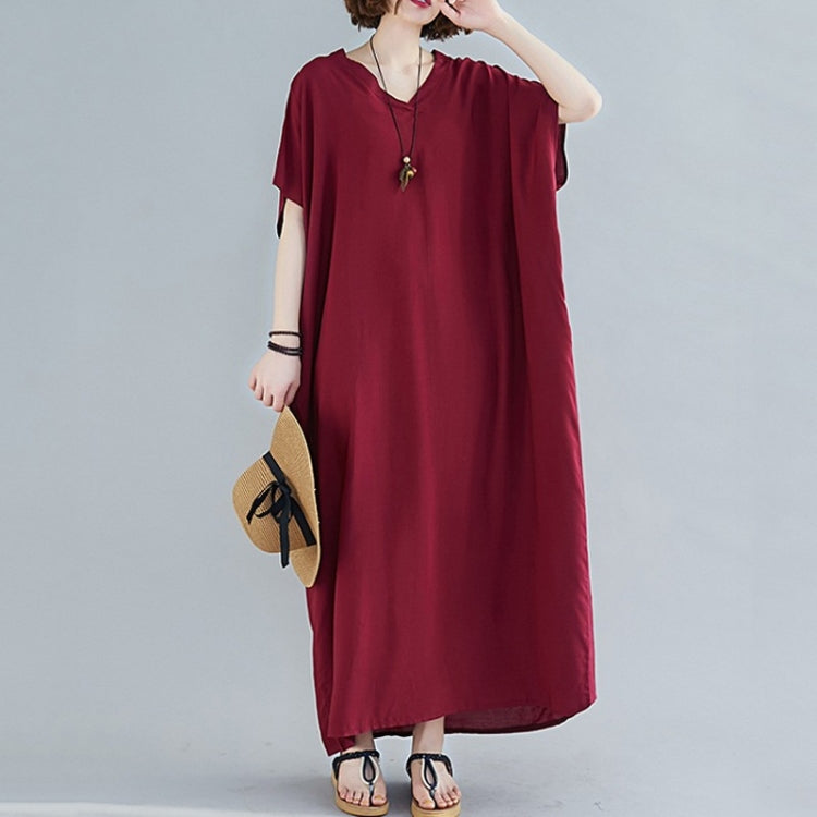 Ladies Bohemian Style Solid Color V-neck Long Robe Dress