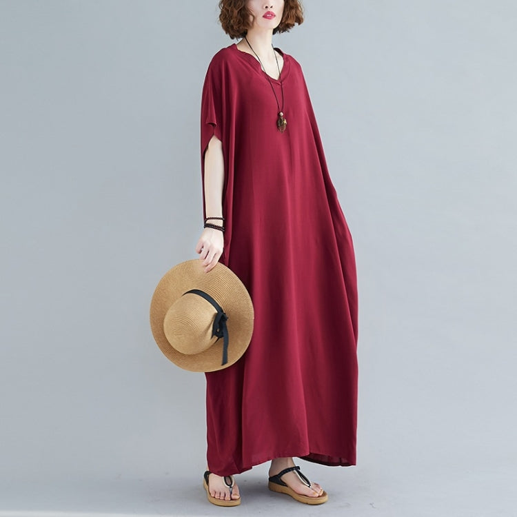 Ladies Bohemian Style Solid Color V-neck Long Robe Dress