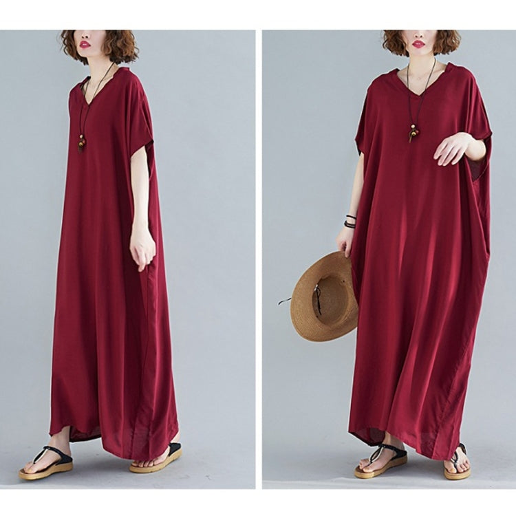 Ladies Bohemian Style Solid Color V-neck Long Robe Dress