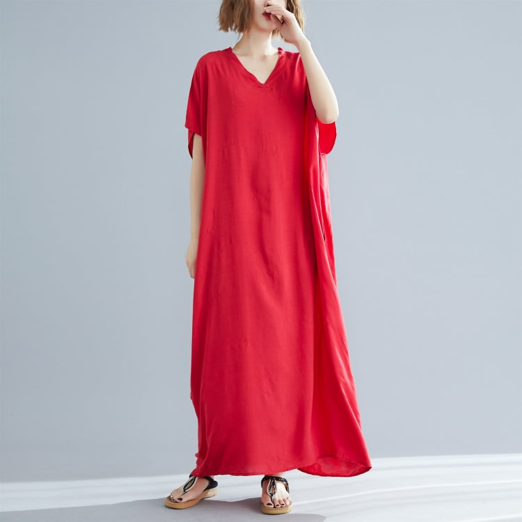 Ladies Bohemian Style Solid Color V-neck Long Robe Dress