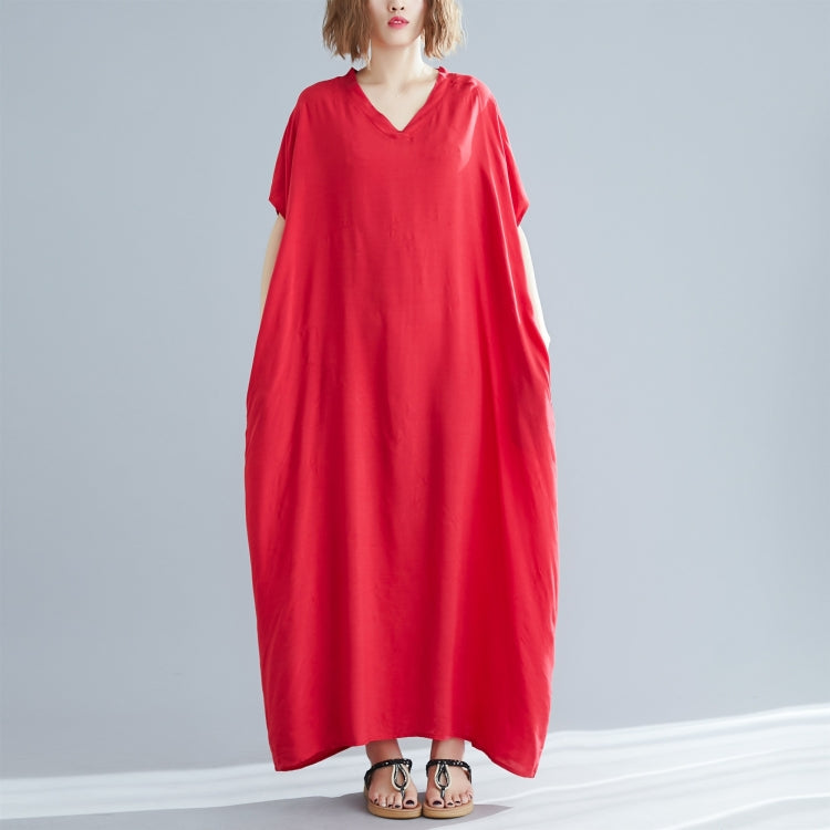 Ladies Bohemian Style Solid Color V-neck Long Robe Dress