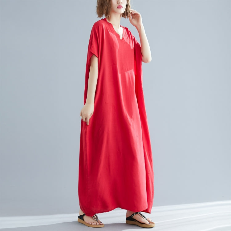 Ladies Bohemian Style Solid Color V-neck Long Robe Dress