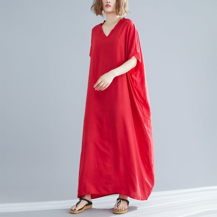 Ladies Bohemian Style Solid Color V-neck Long Robe Dress