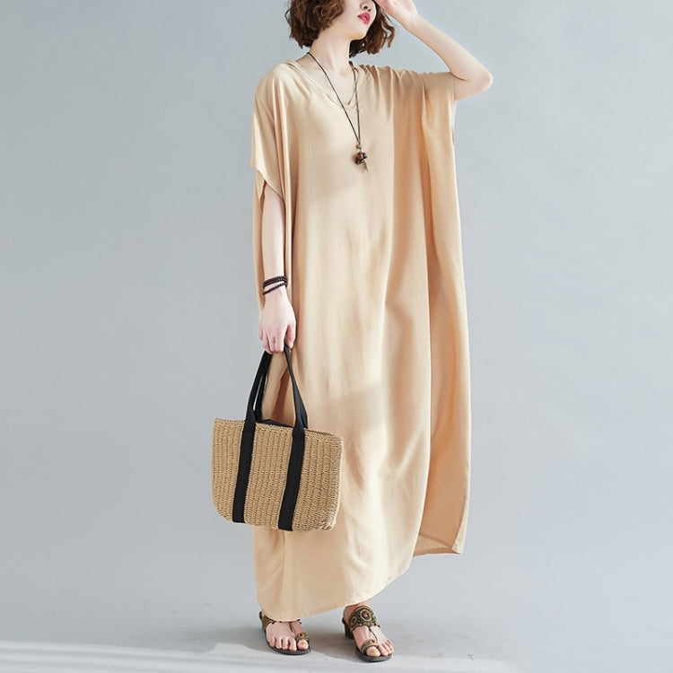 Ladies Bohemian Style Solid Color V-neck Long Robe Dress