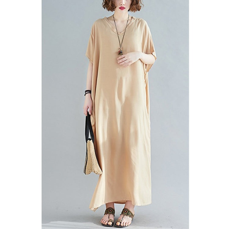Ladies Bohemian Style Solid Color V-neck Long Robe Dress