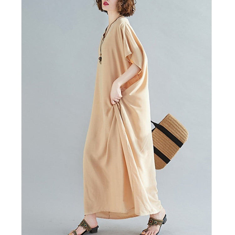 Ladies Bohemian Style Solid Color V-neck Long Robe Dress