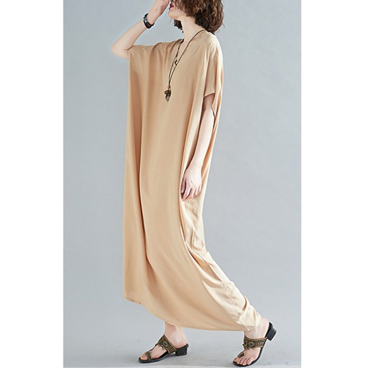 Ladies Bohemian Style Solid Color V-neck Long Robe Dress