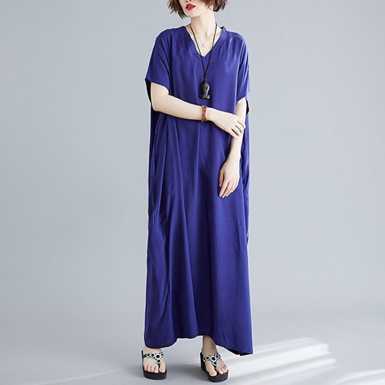 Ladies Bohemian Style Solid Color V-neck Long Robe Dress