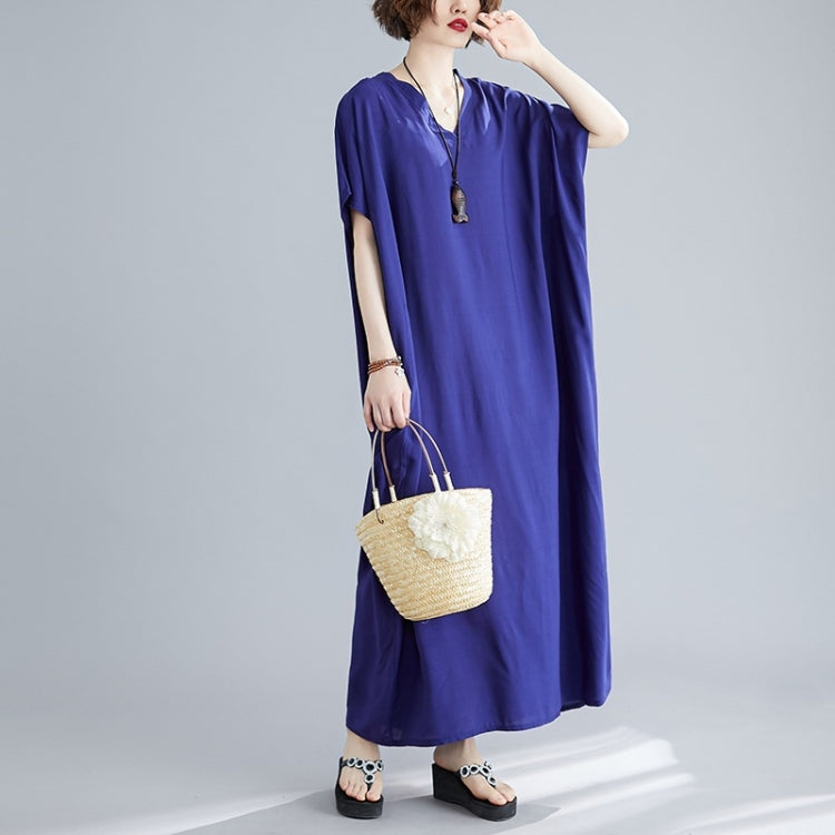 Ladies Bohemian Style Solid Color V-neck Long Robe Dress