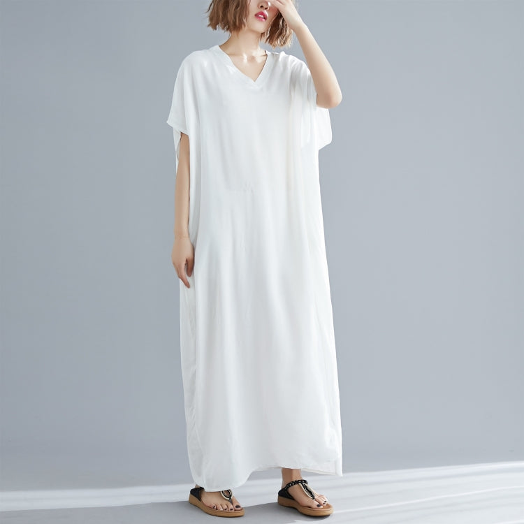 Ladies Bohemian Style Solid Color V-neck Long Robe Dress