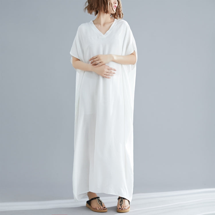 Ladies Bohemian Style Solid Color V-neck Long Robe Dress
