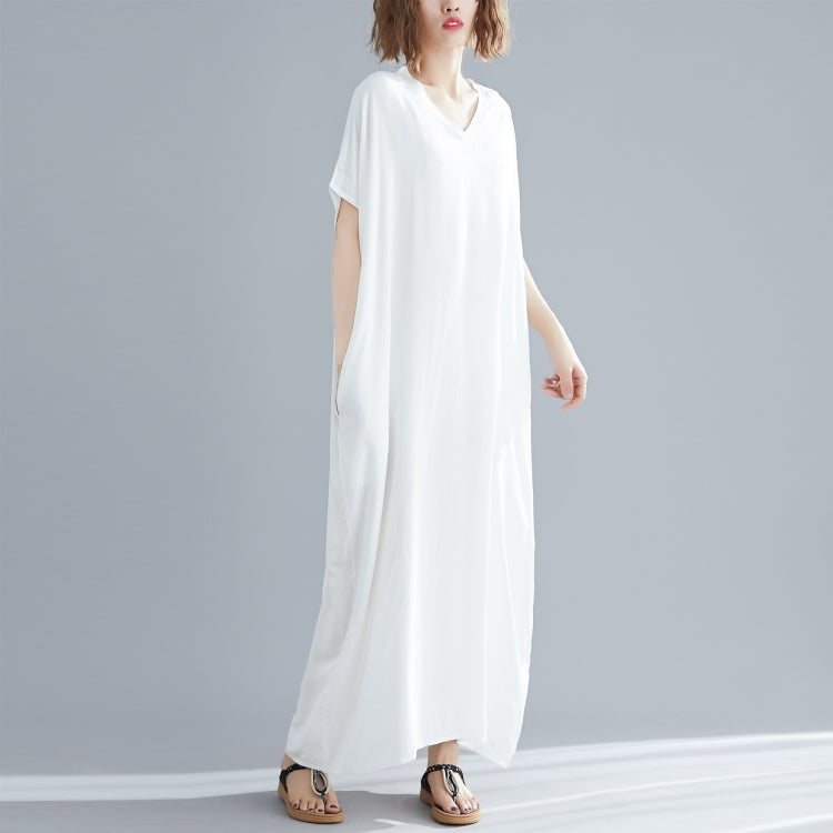 Ladies Bohemian Style Solid Color V-neck Long Robe Dress