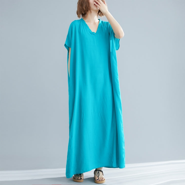 Ladies Bohemian Style Solid Color V-neck Long Robe Dress