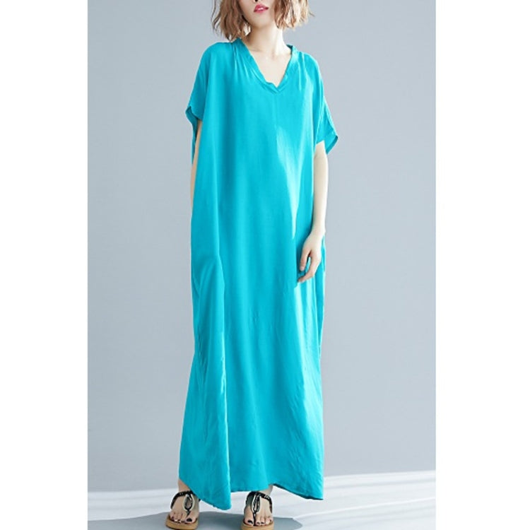Ladies Bohemian Style Solid Color V-neck Long Robe Dress