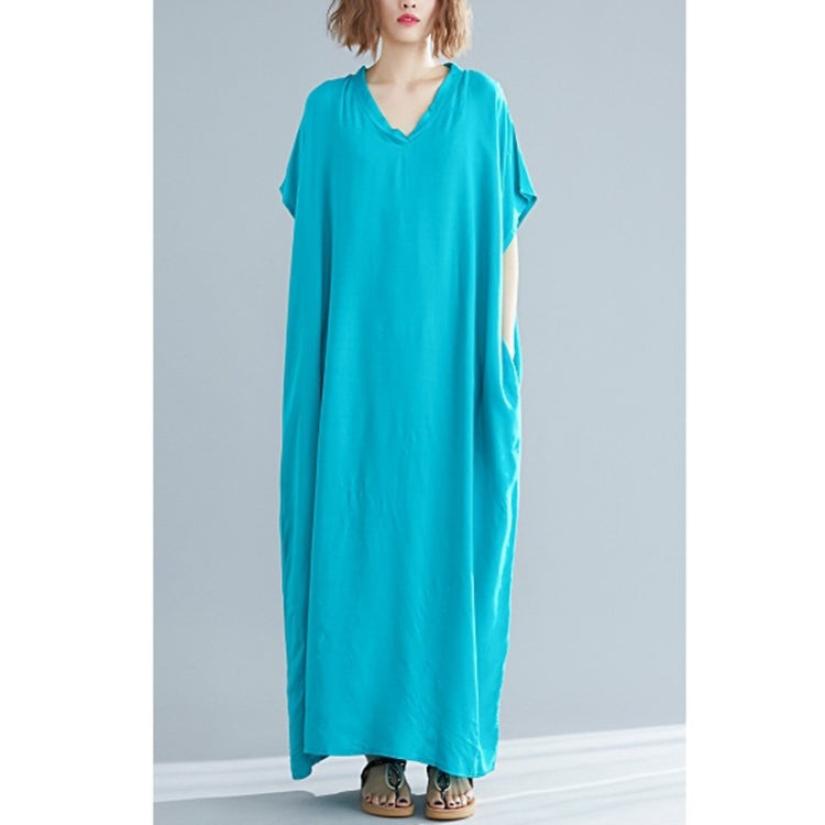 Ladies Bohemian Style Solid Color V-neck Long Robe Dress