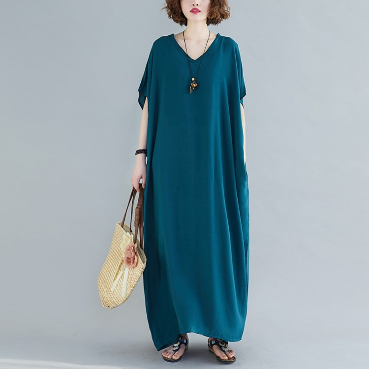 Ladies Bohemian Style Solid Color V-neck Long Robe Dress