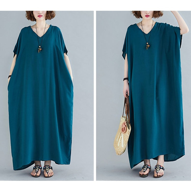 Ladies Bohemian Style Solid Color V-neck Long Robe Dress