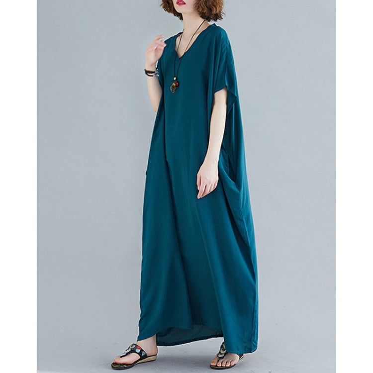 Ladies Bohemian Style Solid Color V-neck Long Robe Dress