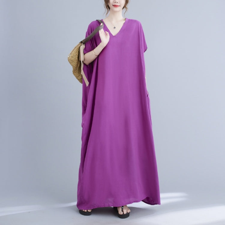 Ladies Bohemian Style Solid Color V-neck Long Robe Dress
