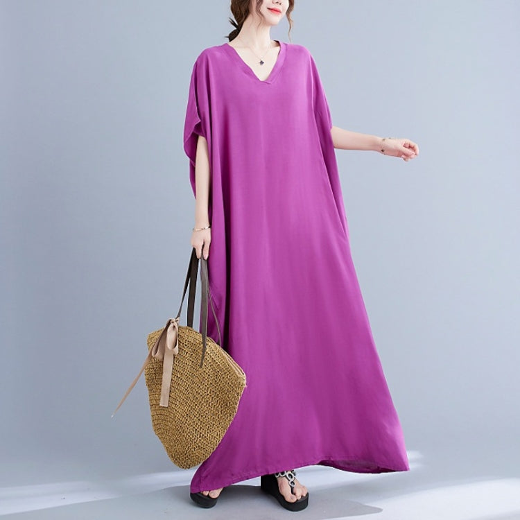 Ladies Bohemian Style Solid Color V-neck Long Robe Dress