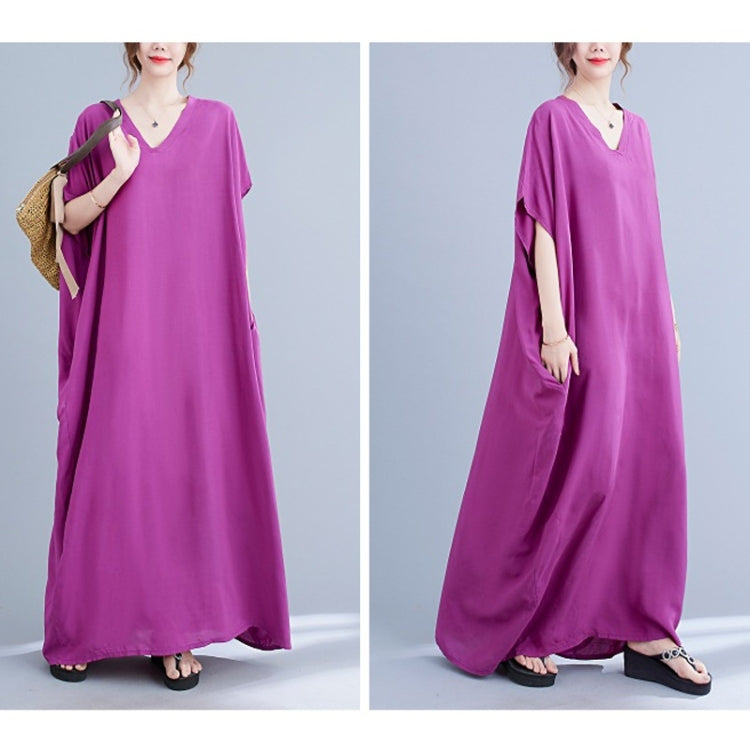 Ladies Bohemian Style Solid Color V-neck Long Robe Dress